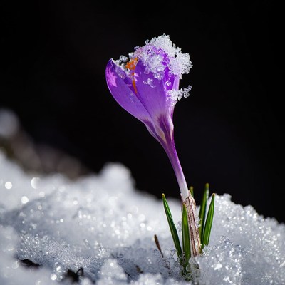 Purple Crocus Blooming in Snow