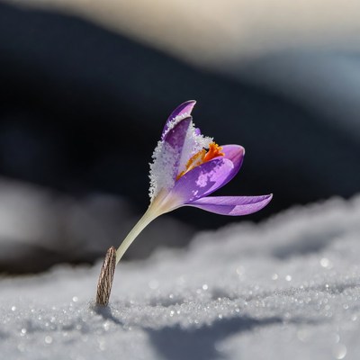 Purple Crocus Blooming in Snow