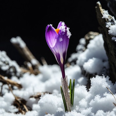 Purple Crocus Blooming in Snow