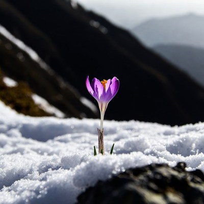 Purple crocus blooming in snow