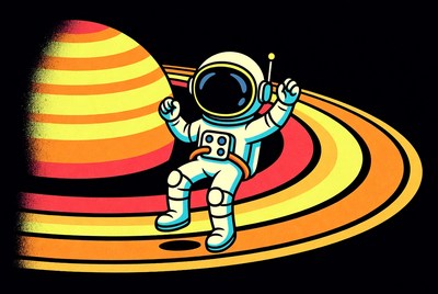 Cartoon astronaut sitting on Saturn rings