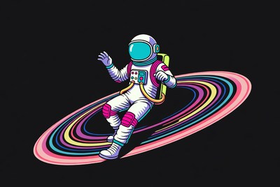 Cartoon Astronaut Waving on Rainbow Rings