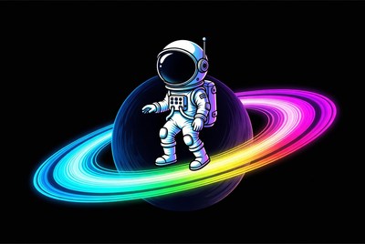 Cartoon Astronaut Surfing Neon Rings