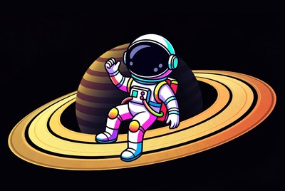 Cartoon astronaut sitting on Saturn