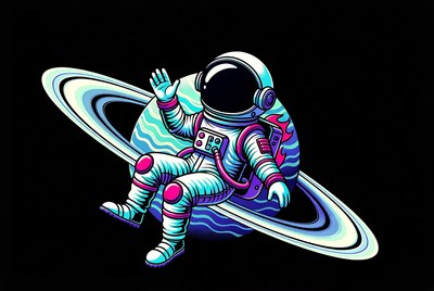 Cartoon Astronaut Waving on Saturn