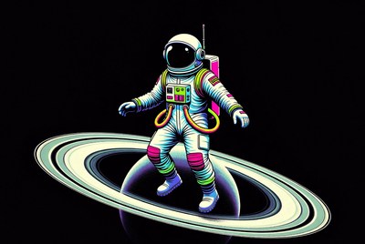 Colorful Astronaut Standing on Saturn