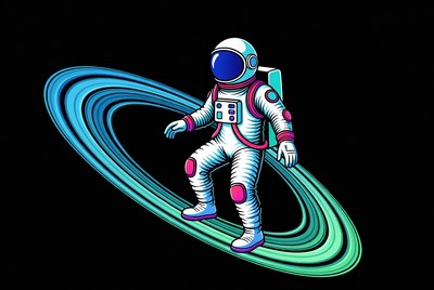 Astronaut walking on colorful ring