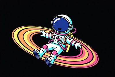 Cartoon astronaut floating on rainbow rings