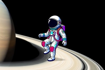 Cartoon Astronaut Walking on Saturn Rings