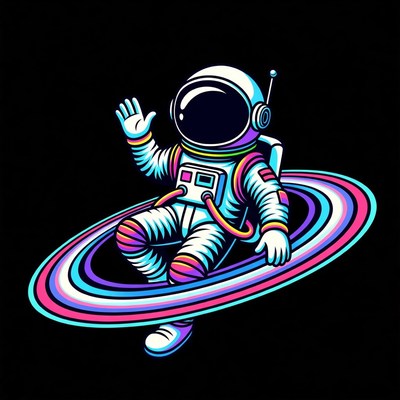 Astronaut waving on rainbow ring