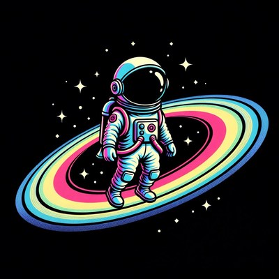 Astronaut Standing on Rainbow Ring
