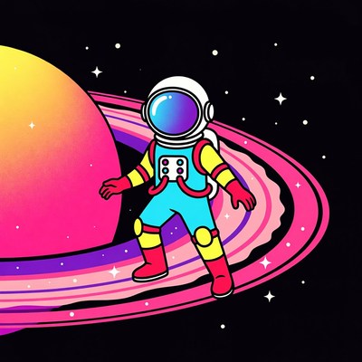 Cartoon astronaut near Saturn