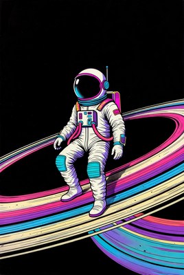 Astronaut riding colorful space rings