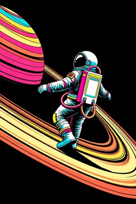 Astronaut surfing colorful planetary rings