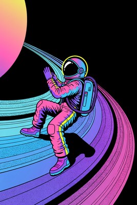 Astronaut Surfing Colorful Planetary Rings