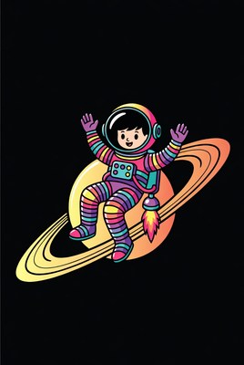 Girl astronaut riding Saturn