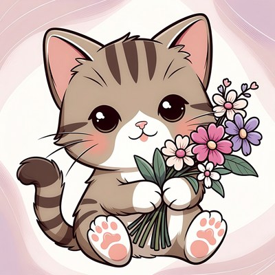Cute tabby kitten holding flowers