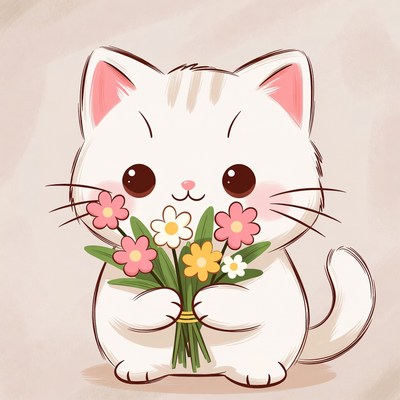 Cute white cat holding flowers