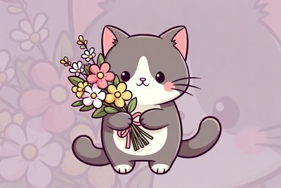 Cute cat holding flowers