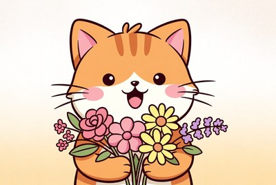 Cute orange cat holding flowers