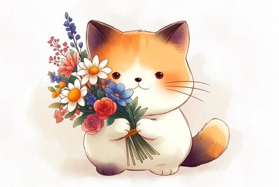 Cute orange cat holding flowers