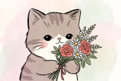 Cute cat holding flowers