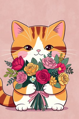 Cute orange cat holding flowers