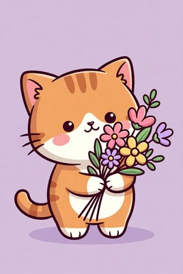 Cute orange cat holding flowers