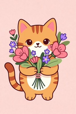 Cute orange cat holding flowers