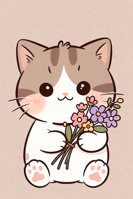Cute cat holding flowers