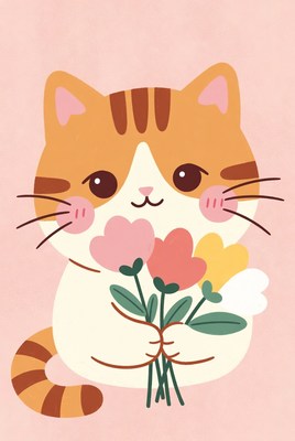Cute orange cat holding flowers