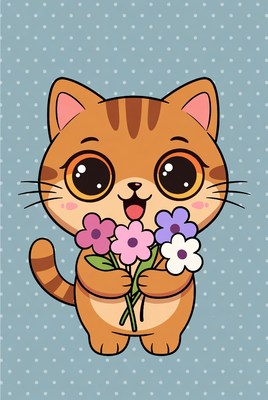 Cute tabby kitten holding flowers