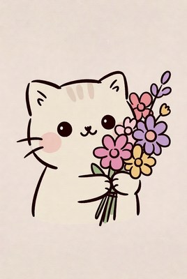 Cute cat holding flower bouquet