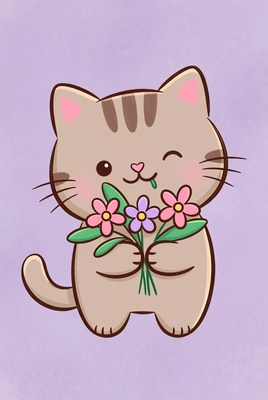 Cute cat holding flowers