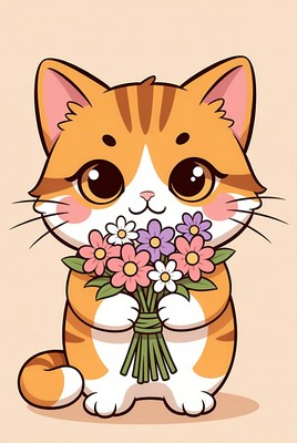 Cute orange cat holding flowers