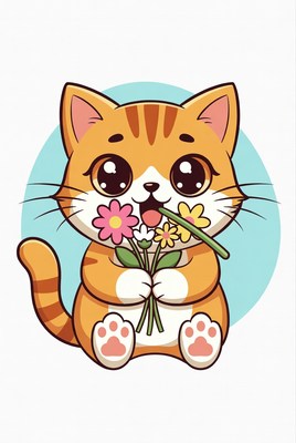 Cute orange kitten holding flowers