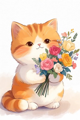Cute orange kitten holding flowers