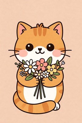 Cute orange cat holding flowers