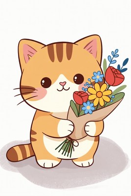 Cute orange cat holding flowers
