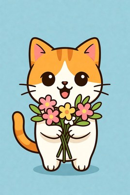Cute orange cat holding flowers