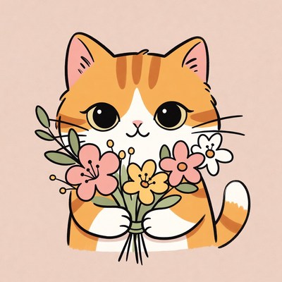 Cute orange cat holding flowers