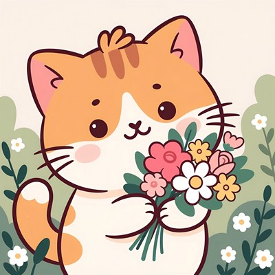 Cute orange cat holding flowers