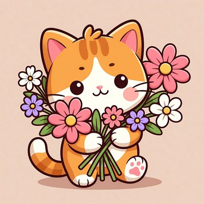 Cute orange kitten holding flowers