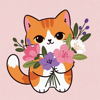 Cute orange cat holding flowers