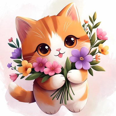 Cute orange kitten holding flowers