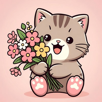 Cute cat holding flowers