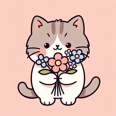 Cute cat holding flowers