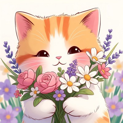 Cute orange kitten holding flowers