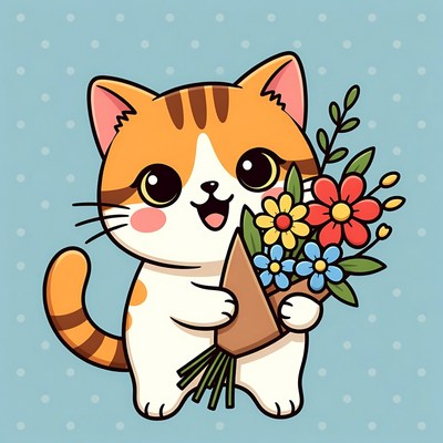 Cute orange cat holding flowers