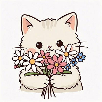 Cute white cat holding flowers